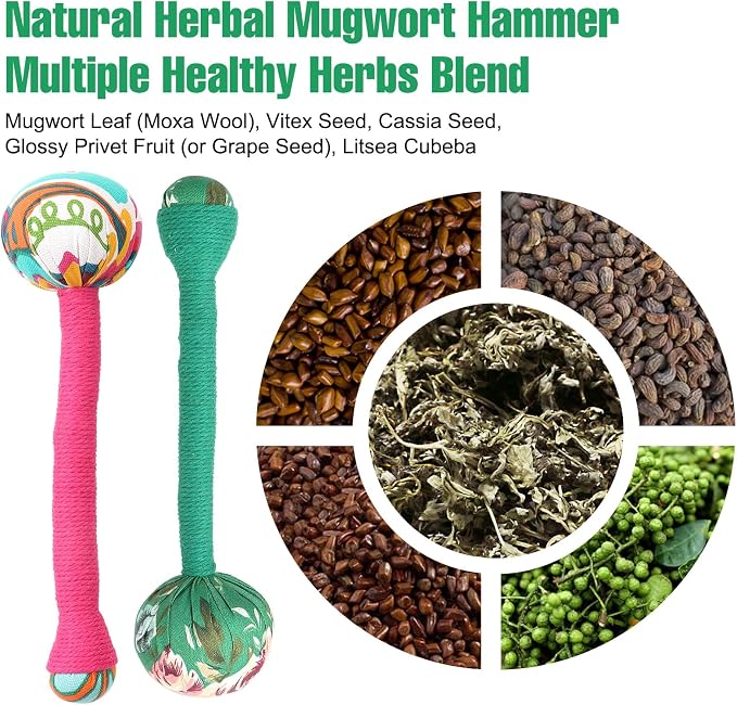 2PCS Long Wormwood Lymphatic Drainage Hammer, Manual Body Massage Hammer, Anti Slip Handheld Herbal Massage Hammer for Back Muscle Relaxation (Rose Red/Dark Green)