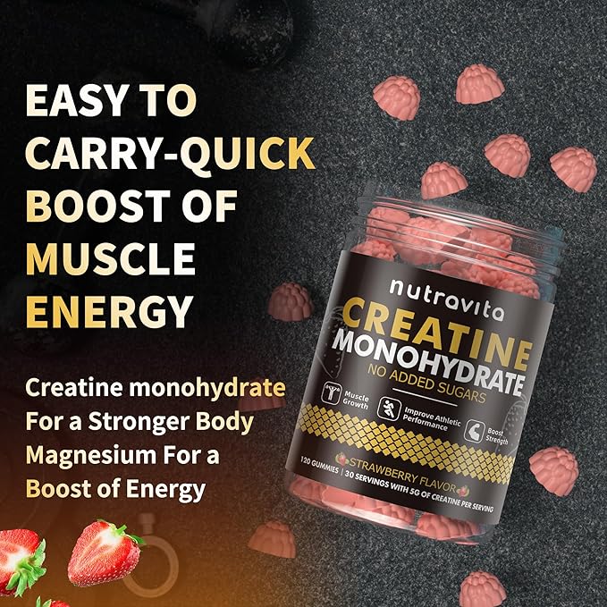 Nutravita Creatine Monohydrate Gummies for Men & Women-5g of Creatine Monohydrate per Serving - Sugar Free,Vegan, Strawberry Flavor, 120 Count