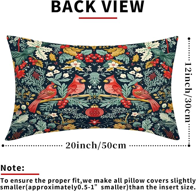 Christmas Lumbar Pillow Covers 12X20 Inch Cardinal Red Birds Berry Leaves Decorative Pillow Cases Set of 2 Xmas Winter Holiday Throw Pillows Farmhouse Home Decor for Sofa Couch Cushion Outdoor
