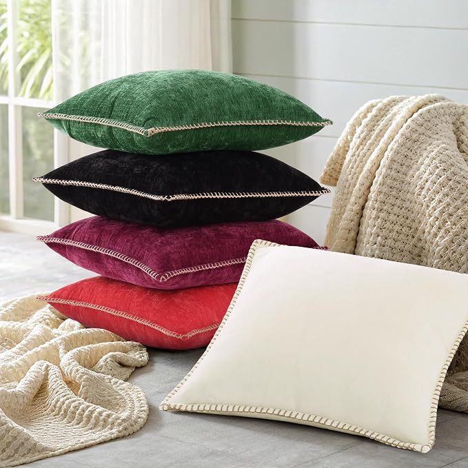decorUhome Soft Chenille Throw Pillow Covers 20x20 Set of 2 Rhododendron | Fall Textured Decorative Throw Pillow Cases Stitched Edge Modern Farmhouse Luxury Boho Velvet for Couch Sofa Bed Home Decor