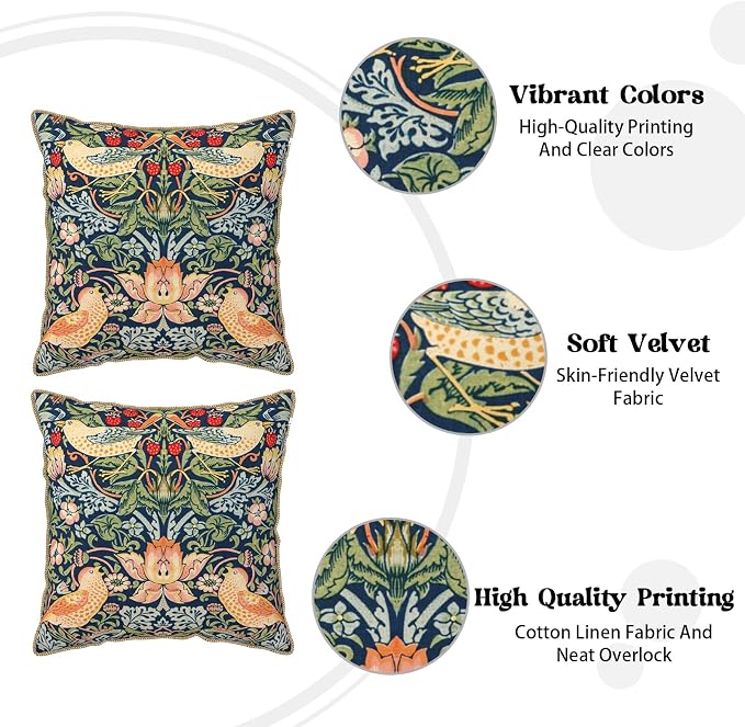KSLIDS Navy Blue Sage Green Soft Velvet Throw Pillow Covers Set of 2 Red Strawberry Floral Bird Decorative Pillow Covers 16x16 Inch Vintage Chinoiserie Pillow Case for Sofa Couch Farmhouse Home Decor