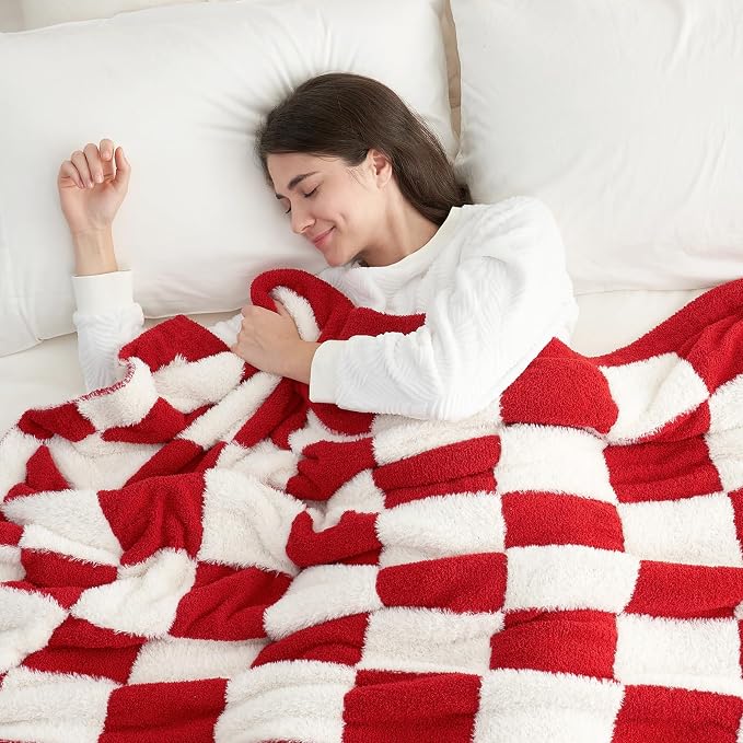 Snuggle Sac Red Checkered Blanket, Fluffy Faux Fur Ultra Soft Warm Microfiber Throw Blankets for Couch, Sofa, Chair, Bed, Red Checker, 50x60 inches