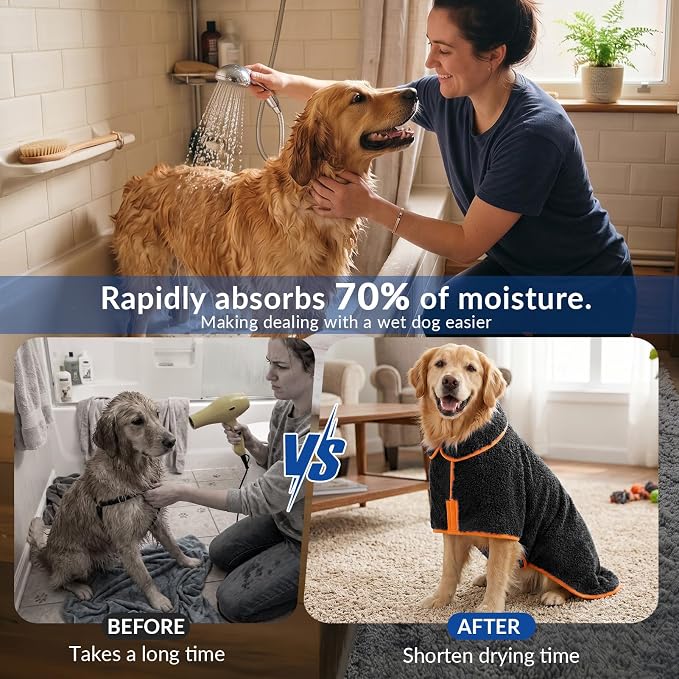 Bienbee Dog Bathrobe, Super Absorbent for Small to Large Dogs, Black L | Dog Robes with Soft Fleece, Warm & Cozy, Adjustable Fit, and Quick Drying Coat for Baths Swimming and Grooming