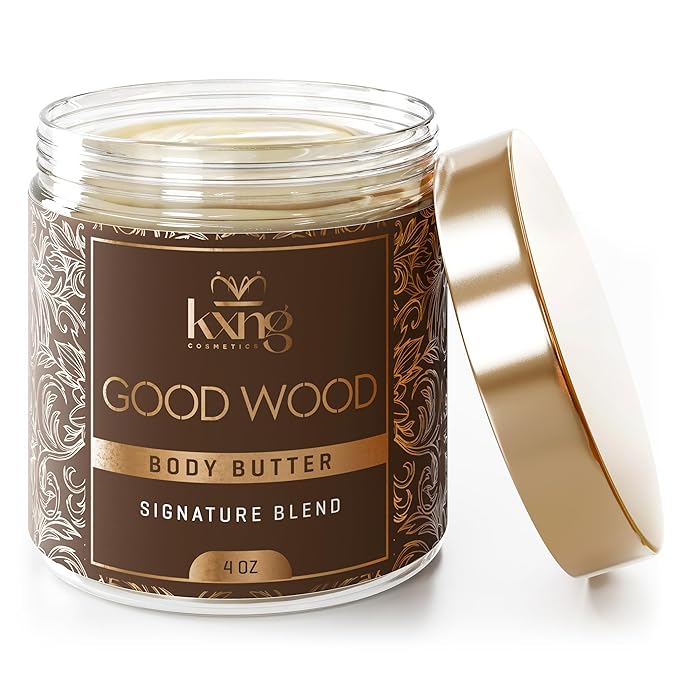 KXNG Cosmetics, Body Butter, Organic Skin Care for Men and Women, Body Moisturizer Lotions and Creams, Raw Shea Butter, Cocoa Butter, Mango, Coconut Oil, Hand, Foot, All Skin Types (Good Wood)