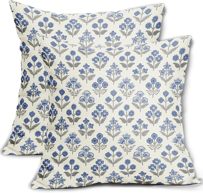Blue Grey Gray Floral Block Print Pillow Covers 18x18 Inch Set of 2, Vintage Flower Pattern Decorative Throw Pillowcases Outdoor Farmhouse Cushion Covers Spring Summer Rustic Sofa Couch Bed Decor