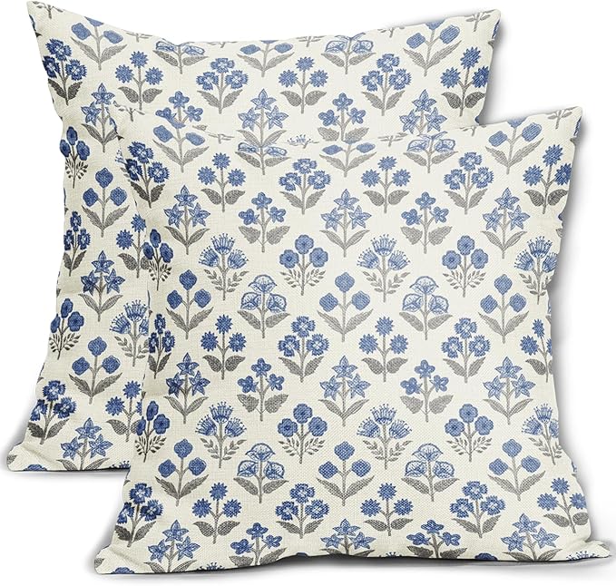 Blue Grey Gray Floral Block Print Pillow Covers 20x20 Inch Set of 2, Vintage Flower Pattern Decorative Throw Pillowcases Outdoor Farmhouse Cushion Covers Spring Summer Rustic Sofa Couch Bed Decor