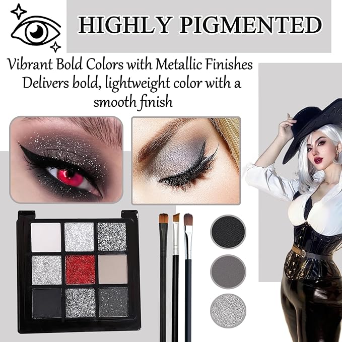 Black Grey Smoky Eyeshadow Palette,15 Colors Matte Shimmer Pigmented Eye Shadow Makeup Palette Set with 3 Eyeshadow Brushes,Glitter Eye Shadow Palette for Daily Halloween Goth Makeup(C)