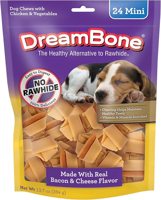 DreamBone Mini Bones Bacon & Cheese Rawhide-Free Dog Treats, 24 Count | Daily Chew, Digests Safely and Completely, Made With Real Protein, Chicken and Veggies, Bacon & Cheese Flavor, For Adult Dogs