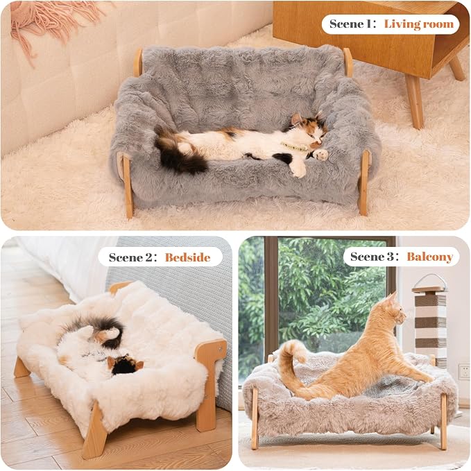 Elevated Cat Couch Bed Wooden Raised Kitty Sofa Lounge Chair | Washable Fluffy Cover Wooden Elevated Pet Furniture for Indoor Cats and Puppy(Dark Grey)