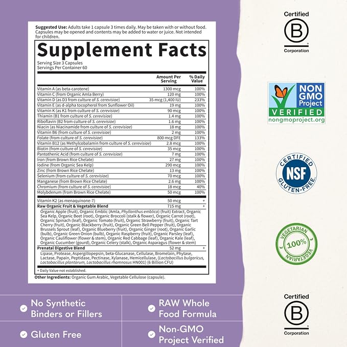 Garden of Life Vitamin Code Raw Prenatal Multivitamin for Women with Iron, Folate, Probiotics and Whole Food Nutrients - Immune and Cellular Energy Support, Non-GMO, Gluten-Free, Kosher, 60 Day Supply