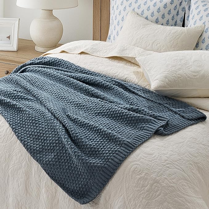 EVERGRACEHOME Chunky Chenille Knit Throw Blanket, 50 x 60, Stormy Blue | Sculpted Moss Stitch, Chic Modern Farmhouse, All-Season Warmth, OEKO-TEX® Certified, Elegant Blanket for Couch, Bed, Sofa