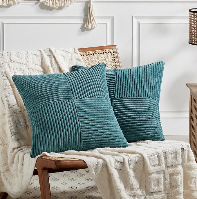 Fancy Homi 2 Packs Teal Samll Decorative Throw Pillow Covers 14x14 Inch with for Couch Bed Sofa, Rustic Farmhouse Boho Home Decor, Soft Corss Patchwork Corduroy Square Cushion Case 35x35 cm