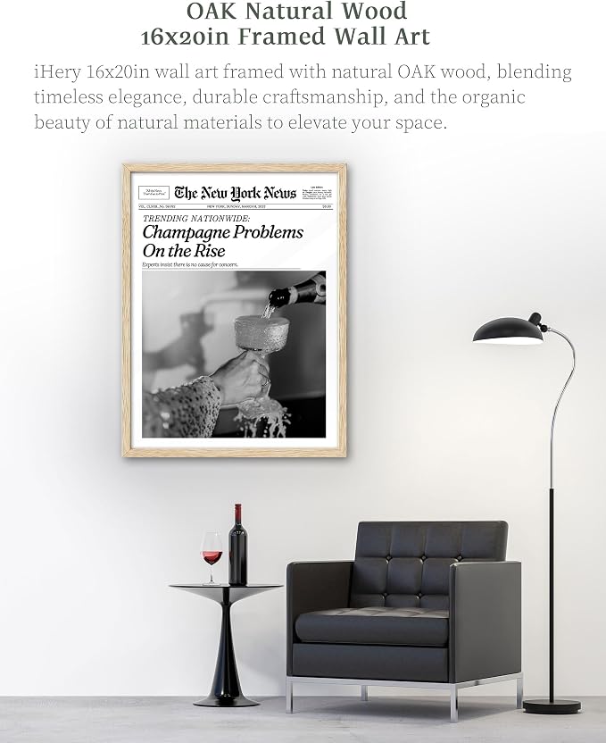 iHery 16x20in Champagne Problems on the Rise Framed Newspaper Art | Natural OAK Wood Frame with Canvas Print, Vintage Champagne Decor for Bar Cart, Kitchen, Living Room and Bathroom, 1Pack