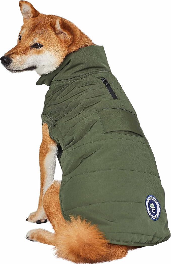 Blueberry Pet Cozy & Comfy Windproof Waterproof Quilted Fall Winter Dog Puffer Jacket in Dark Olive, Back Length 15 3/4", Size 14", Warm Coat for Medium Dogs