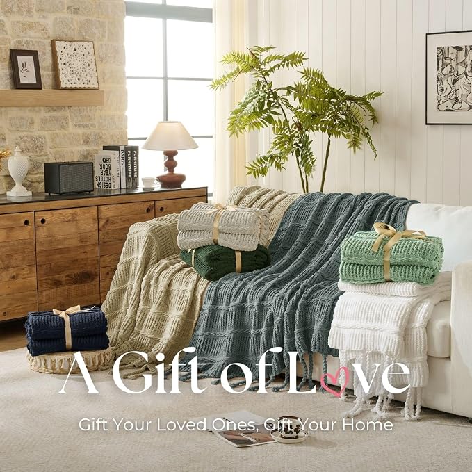 Boho Knitted Chenille Blanket with Tassels - Lightweight & Soft All-Season Throw - 3D Classic Pattern for Living Room Bedroom Couch, Sandy Beige, Throw 50"x60"