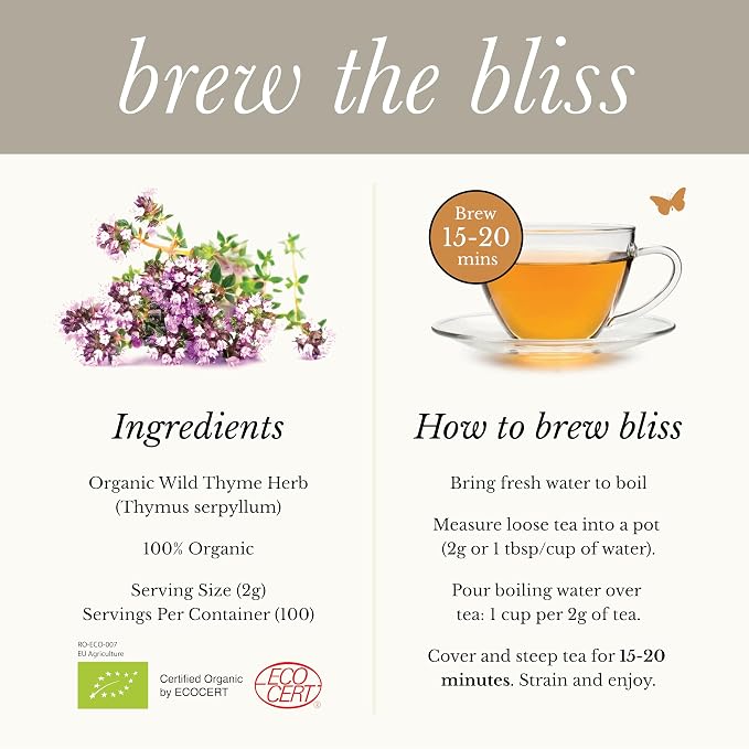 Wild Bliss Organic Wild Breckland Thyme Tea - Caffeine Free Loose Leaf Herbal Tea - Respiratory and Digestion Support - 7.05 Oz - 100 Servings