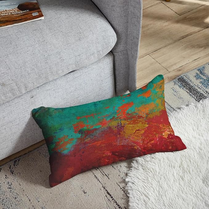 Throw Pillow Covers Set of 2, 12 x 20 Inch, Turquoise Burnt Orange | Abstract Modern Art Outdoor Decorative Square Pillow Cases Couch Cushion Case for Couch Bed Sofa Living Room Home Decor
