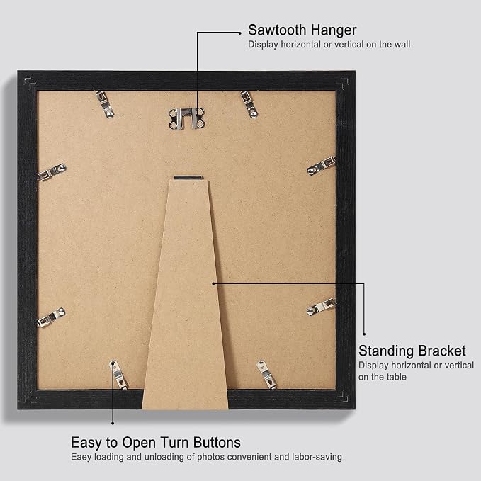 Hongkee 12x12 Picture Frame Set of 4 - Made of Glass and Rustic Black Wooden Frame, Display Square Pictures 10x10 with Mat or 12 x 12 without Mat, Desktop & Wall Collage Photo Frame