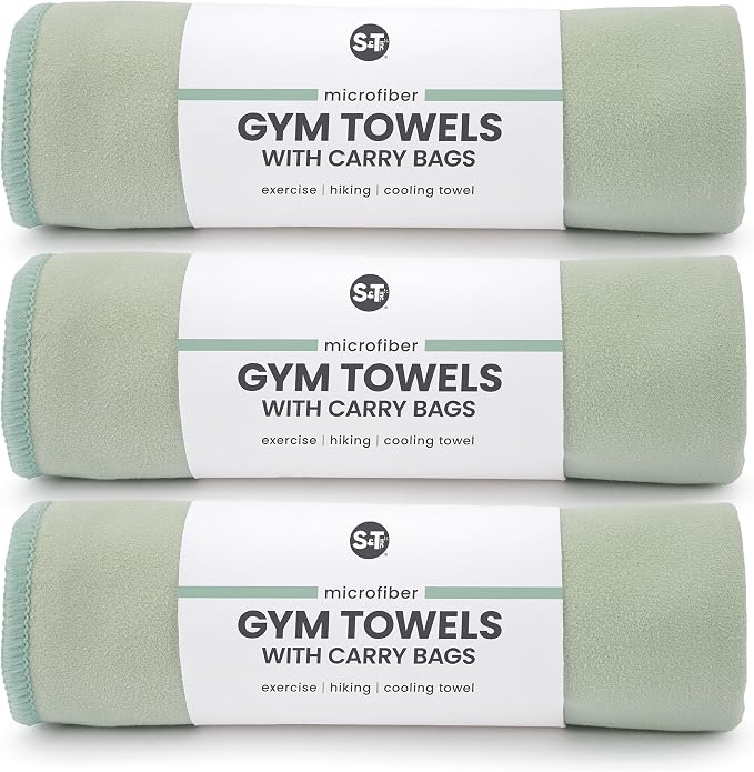S&T INC. Gym Travel Towel, 3 Pack, Cooling Towels for Camping, Yoga, Home and Gym Bag, 3 Storage Bags Included, 12 Inch x 40 Inch, Microfiber, Sage Green