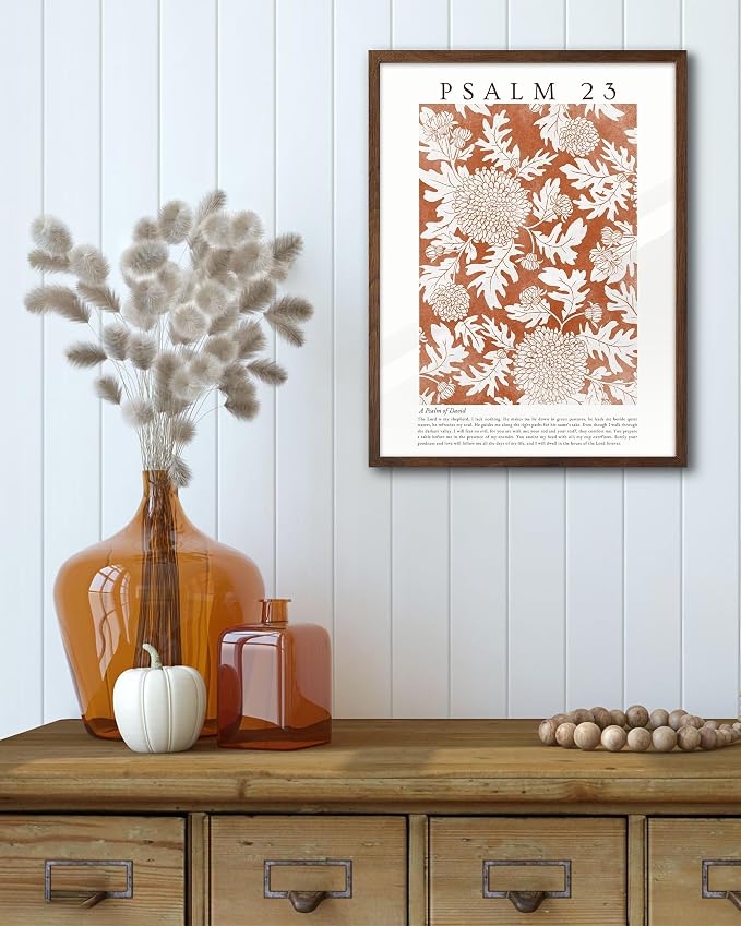 EcoHest 12x16 in Psalm 23 Orange Floral Botanical Framed Christian Wall Art | Walnut Color Solid Oak Frame with Canvas Wall Art, Scripture Bible Verse Decor for Bedroom, Living Room, Office, Church,1Pack