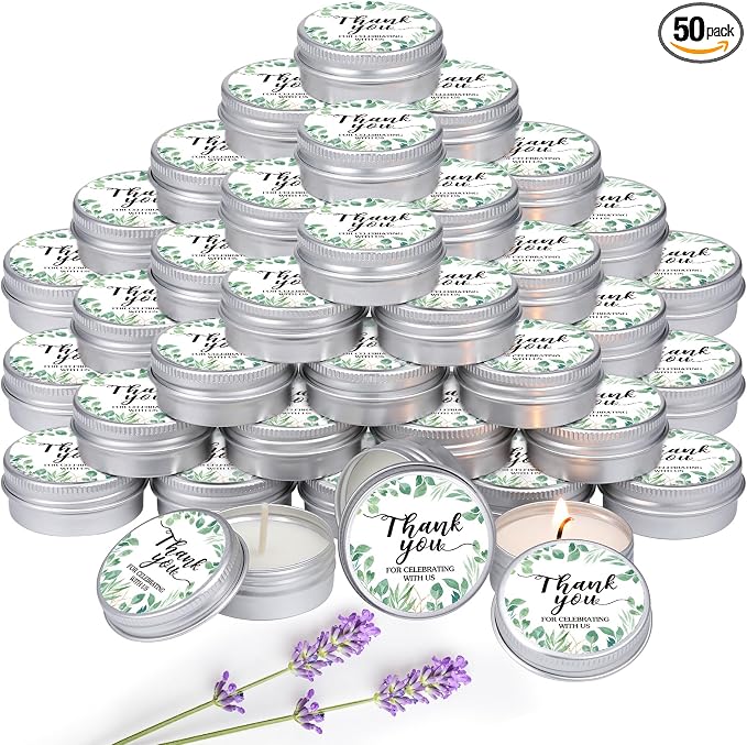 MTLEE 50 Pcs Eucalyptus Baby Shower Scented Candles Gift Travel Tin Aromatherapy Candles Favors for Baby Shower Favors Wedding Gifts Compound Scent Essential Oil 1.57 x 0.67''