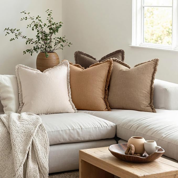 MIULEE Fall Linen Fringe Pillow Covers Set of 4 18x18 Neutral Brown | Boho Farmhouse Decorative Throw Pillow Covers, Neutral Soft Rustic Cushion Cases, for Couch Sofa Bed Living Room Home Decor
