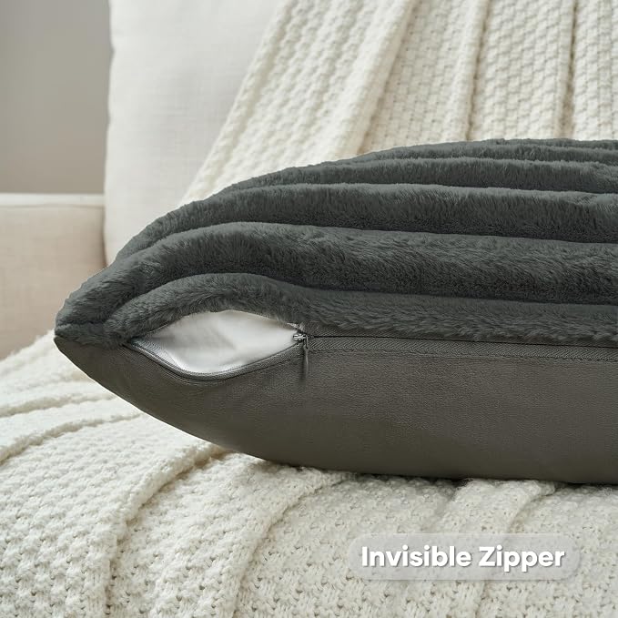 FUTEI Pack of 2 Faux Fur Throw Pillow Covers 26x26 Inch, Dark Grey | Fluffy Faux Rabbit Fur Front/Premium Velvet Back,Hidden Zipper,Machine Washable,Non-Shedding,Colorfast,Insert Not Included.