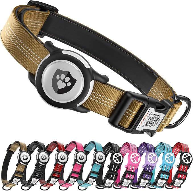 Waterproof AirTag Dog Collar with QR Code Dog Tag, Champagne XS | IP68 waterproof, QR code dog tag, Anti-Lost, Online profile, fits XS-L (8"-26"), Padded nylon, Reflective, No App, No Fees