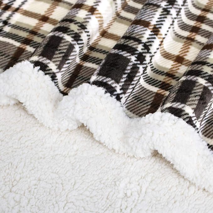 Sherpa Plaid Throw Blanket, 60" X 70"Fuzzy Fluffy Cozy Soft Blanket, Fleece Flannel Plush Twin Size Microfiber Blanket for Couch Bed Sofa (Brown)