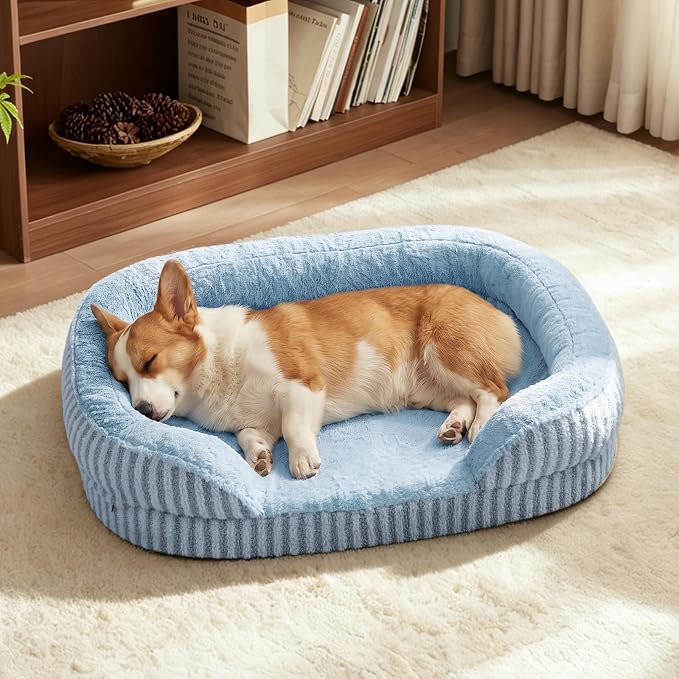 MIXJOY Orthopedic Dog Beds Large Sized Dog,Large Washable Dog Bed Waterproof Oval Dogs Bed with Removable Cover,Egg-Crate Foam Big Pet Bed Couch Sofa with Bolster Sides,Non-Slip Bottom,L 35"X25",Blue