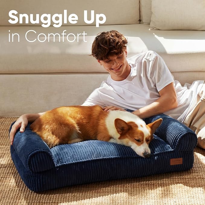 FUKUMARU Dog Couch Bed, Corduroy Cozy Cat Bed, Waterproof, Washable Cover | 28in Orthopedic Dog Beds Sofa for Small Dogs and Large Cats, Cute Warm Cotton Pet Sofa, Green