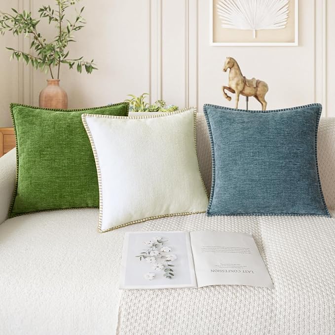 CaliTime Decorative Couch Throw Pillow Covers 20 X 20 Inches Cream | Pack of 2, Cozy Chenille Cushion Cases, Cotton Thread Stitching Edges, for Sofa Bed Living Room Farmhouse