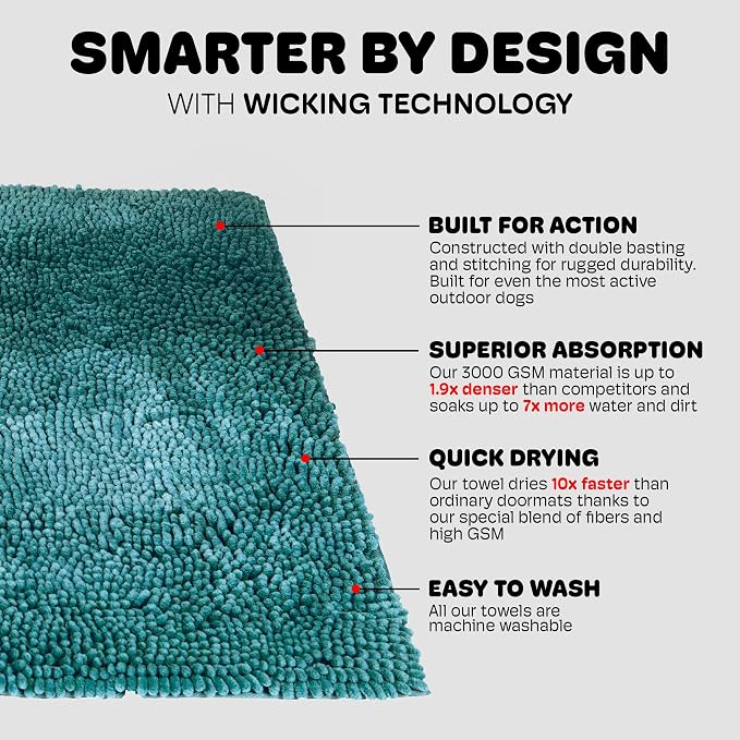 Dog Gone Smart Dirty Dog Doormat - Fast Drying Rug with Super Gripper Backing for Clean Floors - Super Absorbent and Machine Washable Mat for Muddy Paws - Petrol | Super Gripper Backing for Clean Floors - Absorbent Microfiber and Machine Washable Mat f...