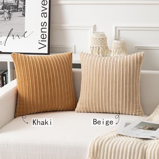 UGASA Velvet 20x20 Inch Soft Throw Pillow Cover Decorative Corduroy Striped Both Sides Solid Square Cushion Case Boho Farmhouse for Couch Bedroom Sofa Home, 1 Piece, Beige