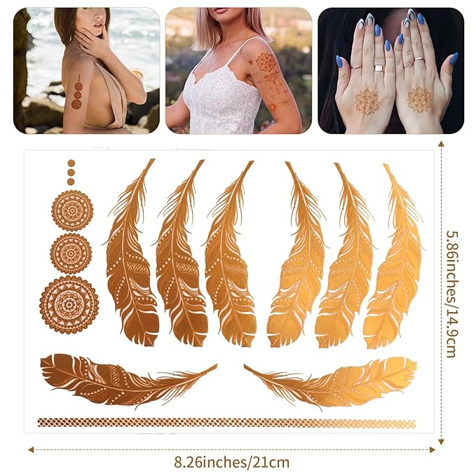 9 Sheets Gold Tattoos Temporary,Lasting Gold Tattoos for Women, Flash Glitter Body Art Temporary Tattoo for Festivals, Parties, and Cosplay Festival Accessories