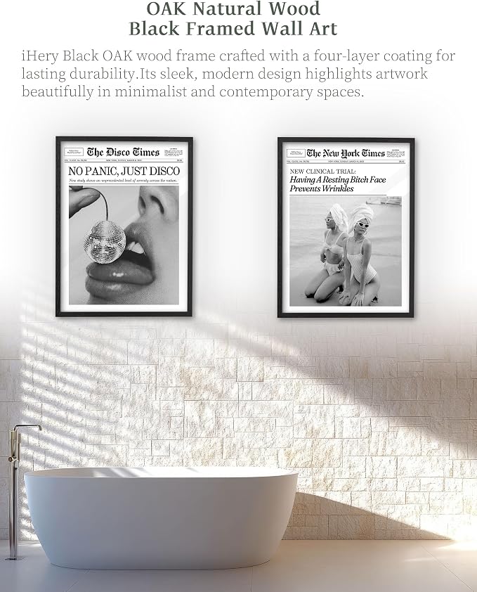 iHery 12x16in Funny Beach Girls Black Framed Newspaper Wall Art | Premium Black Natural OAK Wood Frame with Canvas Print, Retro Magazine Decor for Bathroom Bedroom Dorm, Living Room 1Pack