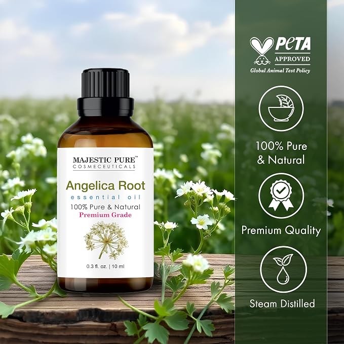 Majestic Pure Essential Oil with Glass Dropper - 100% Pure and Natural - Essential Oils for Diffuser, Aromatherapy, Soap and Candle Making, Angelica Root Essential Oil, Angelica Root Oil, 0.3 Fl Oz