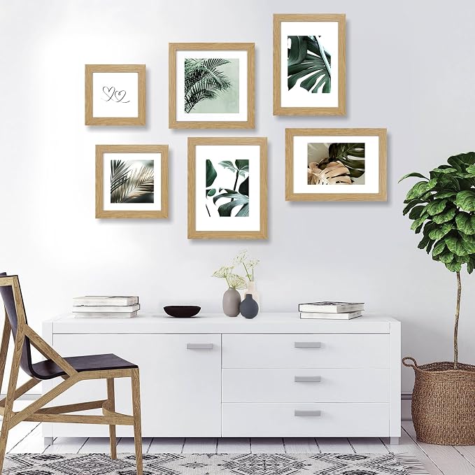 Hongkee 10x10 Picture Frame Set of 4, Made of Glass and Natural Oak Wooden Frame - Display Picture 8x8 with Mat or 10 x 10 Without Mat, 10 by 10 Photo for Wall or Tabletop