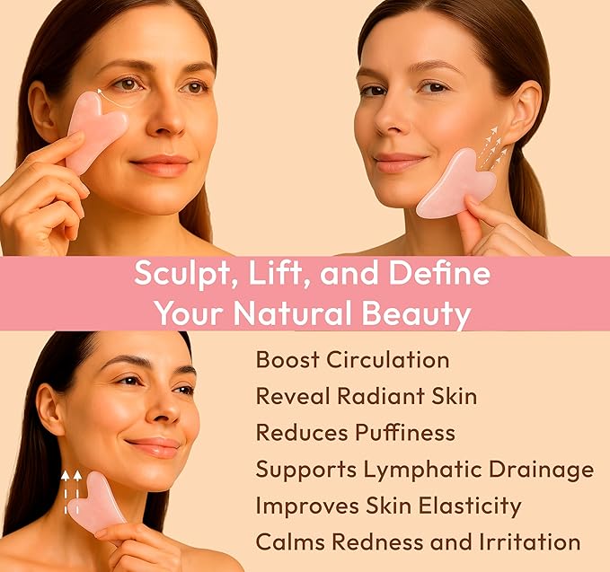 DoSensePro Rose Quartz Gua Sha Facial Tool Heart-Shaped Crystal for Puffiness, Lymphatic Drainage & Facial Sculpting – Hand-Carved Brazilian Stone for Face, Neck & Body
