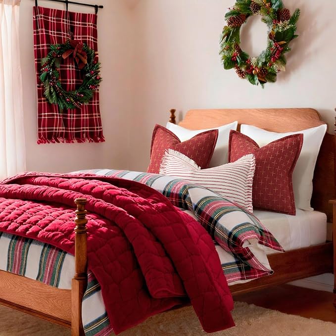 Christmas Pillow Covers 26x26 Set of 2 Soft Polyester Textured Red Pillows with Stylish Flange Edge Cozy Farmhouse Christmas Decor for Couch Bed Sofa Living Room (Red)
