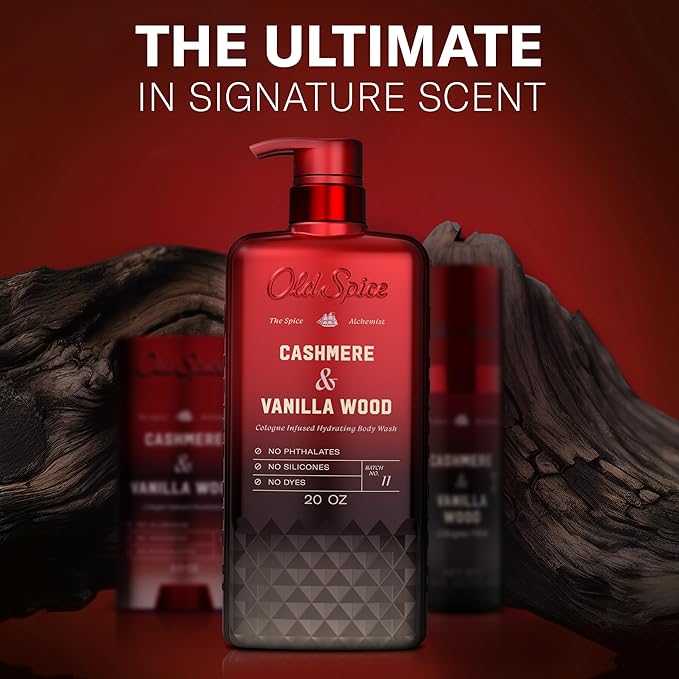 Old Spice Body Wash for Men, The Spice Alchemist Collection, 24/7 Cologne Infused Hydration, No Trade Off Formula, Free of Phthalates Silicones & Dyes, Cashmere + Vanilla Wood Scent, 20 oz