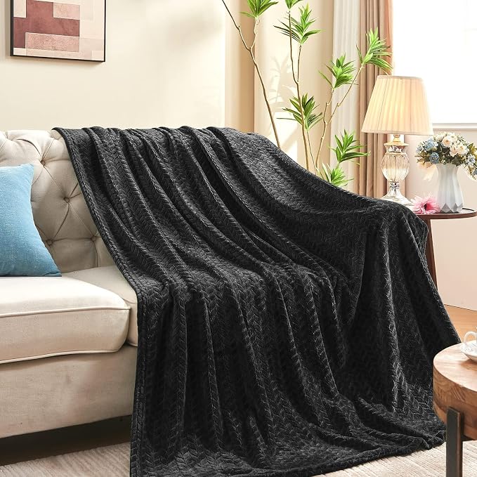 inhand Black Fleece Queen Blanket for Bed, Super Soft Flannel Cozy Blankets for Adults, Lightweight Leaves Pattern Fuzzy Blanket for Office,Travel, Warm Plush Blankets for All Season, 90x90 Inches
