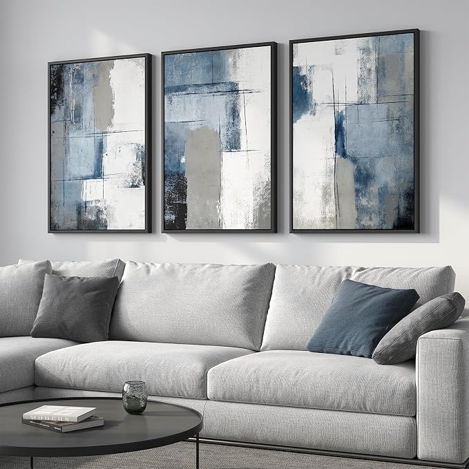 Large Framed Blue and Grey Abstract Wall Art for Living Room, 3 Piece Modern Canvas Prints Paintings Artwork for Walls, Minimalist Abstract Pictures Wall Decor for Hallway Office Bedroom 24x36 In