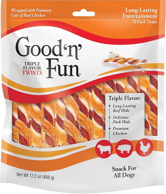 Good 'N' Fun Triple Flavor Twist Rawhide Treats For Dogs, 70 count (12 pack) | Premium Chicken, Pork and Beef Hide Chew, Supports Dental Health and Mental Stimulation, For Adult Dogs