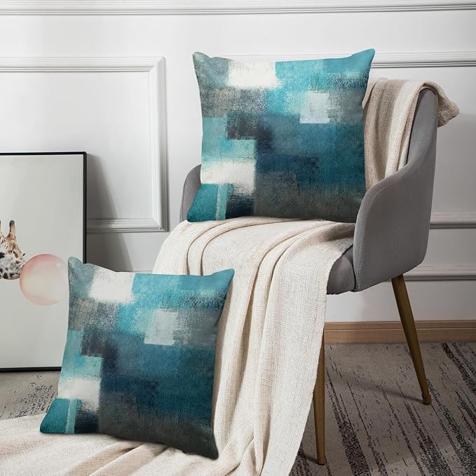 Emvency Throw Pillow Covers Set of 2, 20 x 20 Inch, Turquoise White Gray | Abstract Modern Painting Outdoor Decorative Square Pillow Cases Couch Cushion Case for Couch Bed Sofa Living Room Home Decor