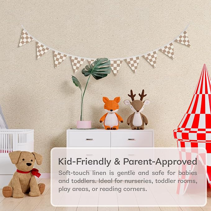 Boys Room Wall Art Decor,Cars Room Decor for Toddler Nursery Playroom,Brown and White Checkered Garland Pennant Banners,Racing Flags 11Ft Bunting Flags Fabric for Baby Shower Birthday Party