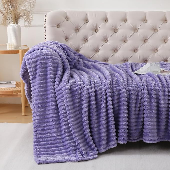 Lavender Throw Blanket for Couch Sofa 108x90 inches Striped Design | Fleece Blankets Room Home Decor Lightweight Plush Soft Cozy Gifts for Women Mom