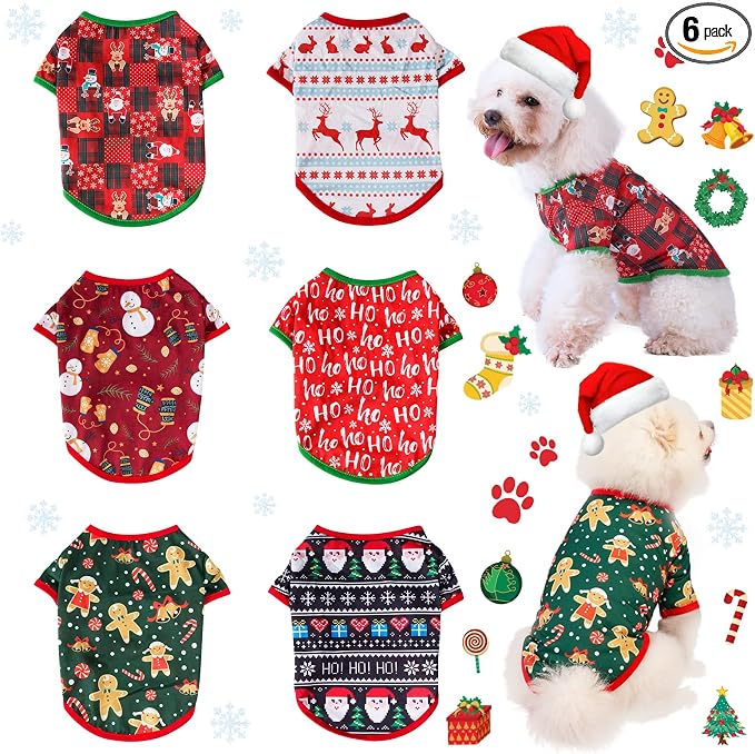 6 Pieces Christmas Dog Clothes for Small Dogs, Soft and Breathable Pet Shirt, Winter Puppy Kitten Vest Printed Dog Shirts, Christmas Snowman Santa Claus Reindeer T-Shirts for Pet Dogs Cats