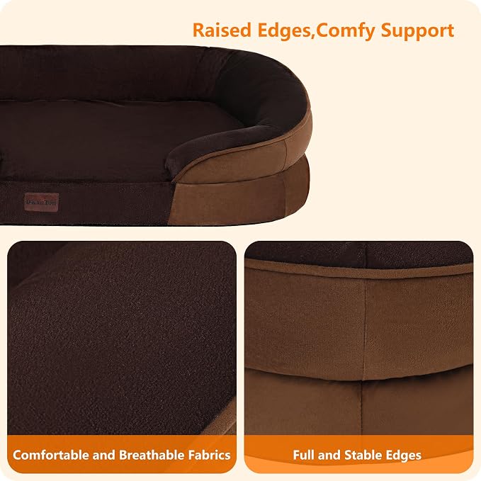 Dwanton Orthopedic Waterproof Medium Dog Bed Sofa, Gel Memory Foam, 36" | Egg-Crate Foam Dog Sofa, Washable Pet Bed with Four Sided Bolster Cushion, Removable Cover & Non-Slip Bottom, Brown