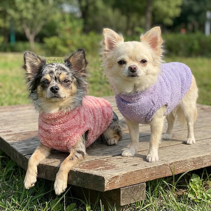 Fitwarm 2 Pack Striped Fleece Dog Sweater, Warm Winter Clothes for Small Dogs Boy Girl, Fuzzy Pet Outfit, Pink, Lavender Purple, Small